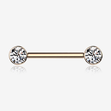 A Pair of Implant Grade Titanium Rose Gold Bezel Set Sparkle Internally Threaded Nipple Barbell-Clear Gem